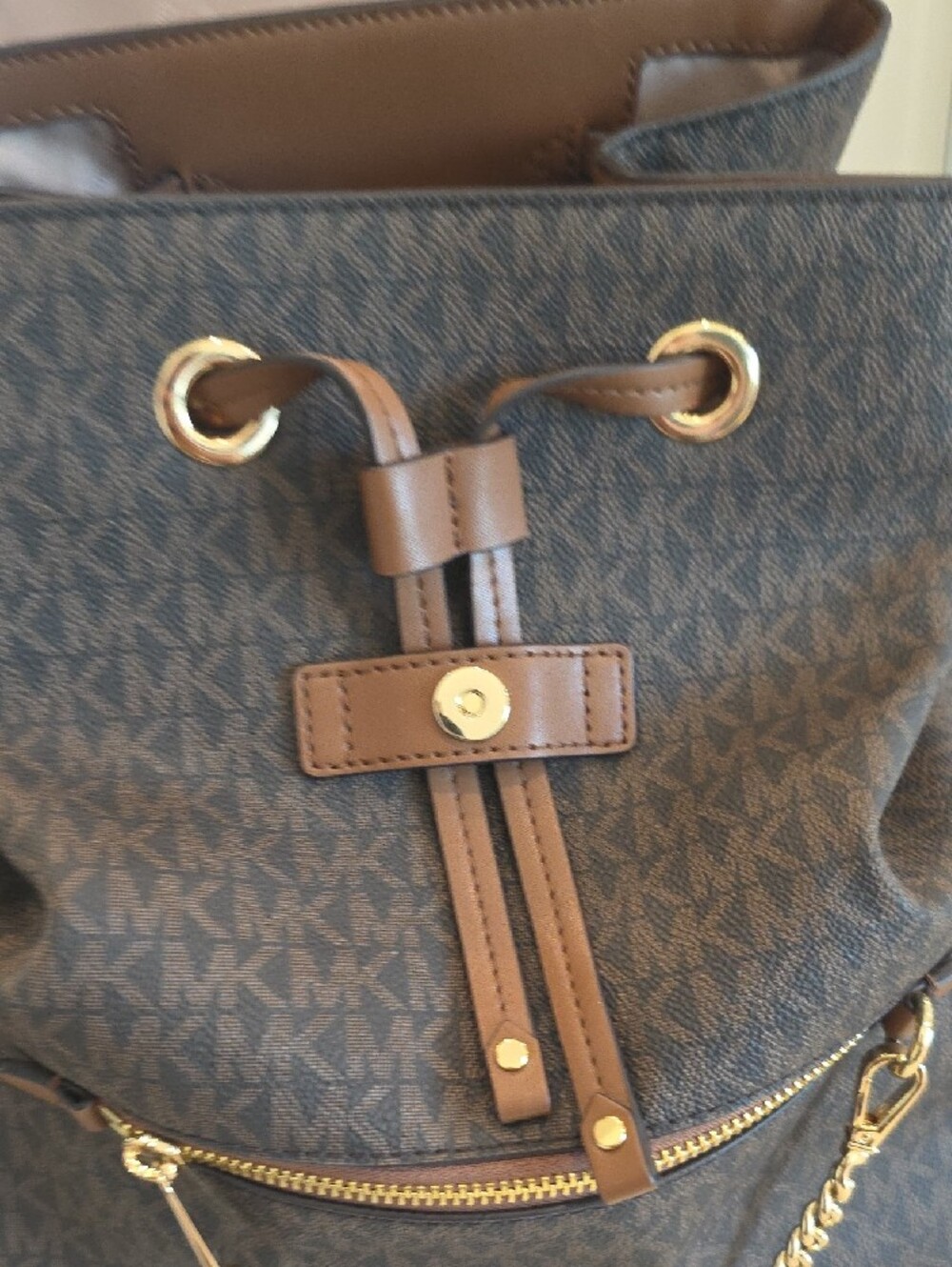 Michael Kors Brown Logo Backpack with Gold Chain Accent - Picture 4 of 5